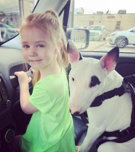 The picture of Whitney's daughter, Rhythm Myer Overbey and their dog