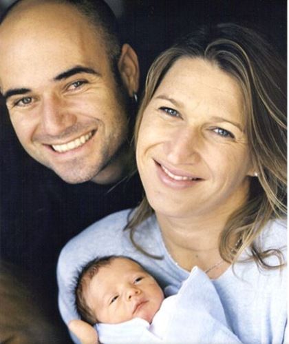 Childhood photo of Jaden Gil Agassi in his mother's arm aside with his father.