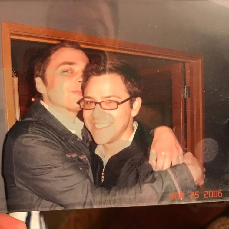 Jim Parsons hugging his long-time love partner, Todd Spiewak.