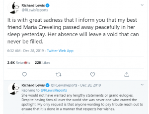 Death news of Maria from his friend Richard Lewis.