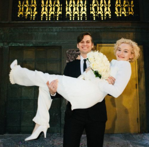 Foster with his beautiful wife, Julia Garner on the wedding day.